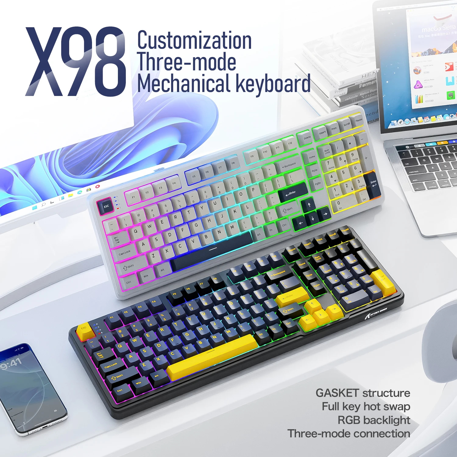 

Bluetooth-клавиатура Attack Shark X98 с цифровой клавиатурой, 102-клавишные колпачки для клавиш RGB PBT с возможностью горячей замены, аккумулятор 4000 мАч, поддержка ПК/ноутбука