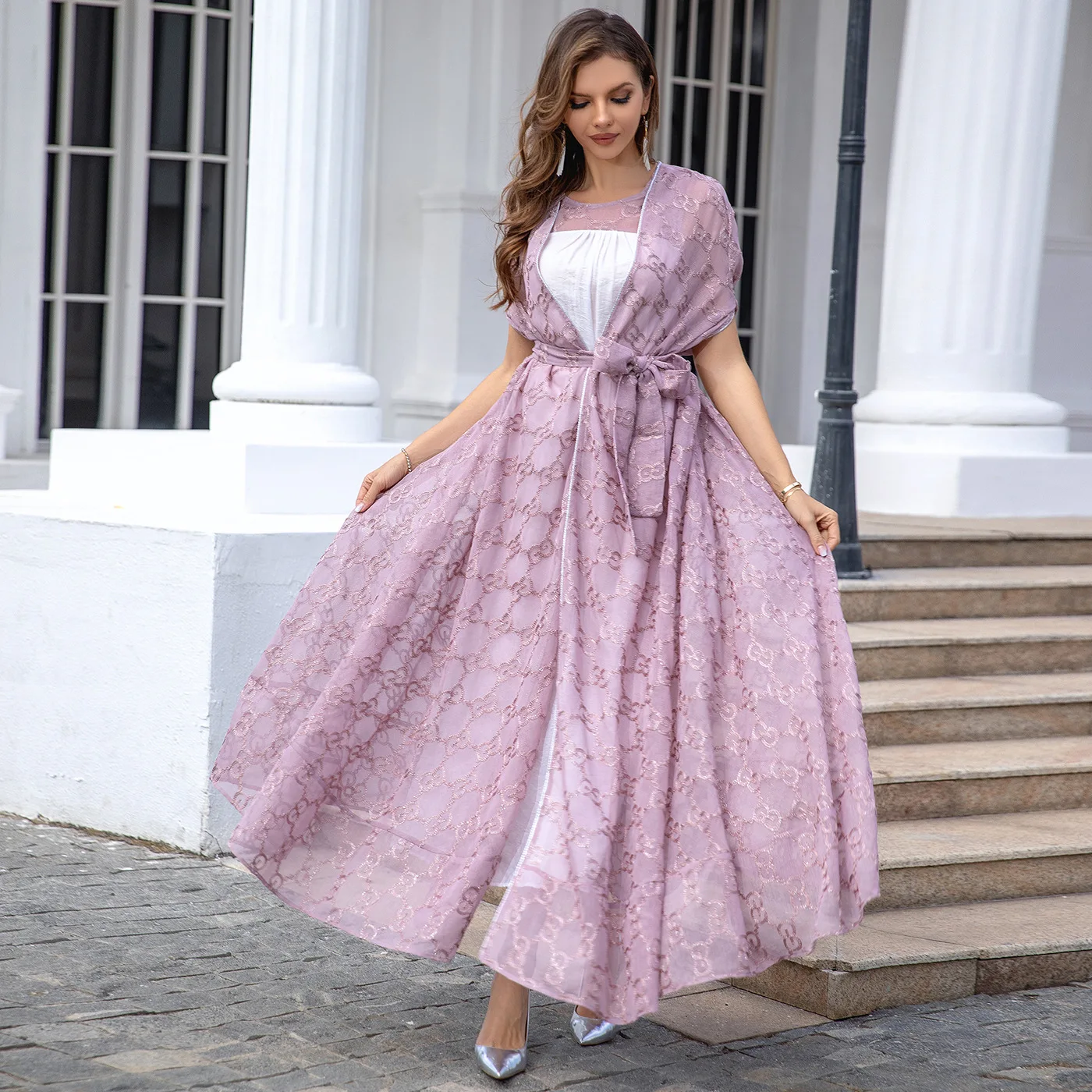 

2025 Eid Muslim Party Dress 2 Piece Set Jalabiya Abaya for Women Ramadan Abayas Woman Kimono Robe Caftan Vestidos Long Robe