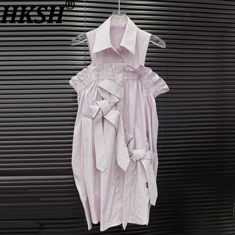 

HKSH Autumn New Women Shirt Patchwork Striped Ruffles Fake Two-Piece Off-Shoulder Elegant Fashion High Street Casual Tops HK9474