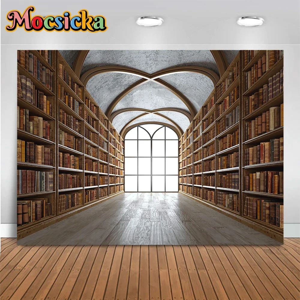 

Library Bookshelf Studio Backdrop Back to School Holiday Party Background Photography Props Arched Window Booth Students Photo