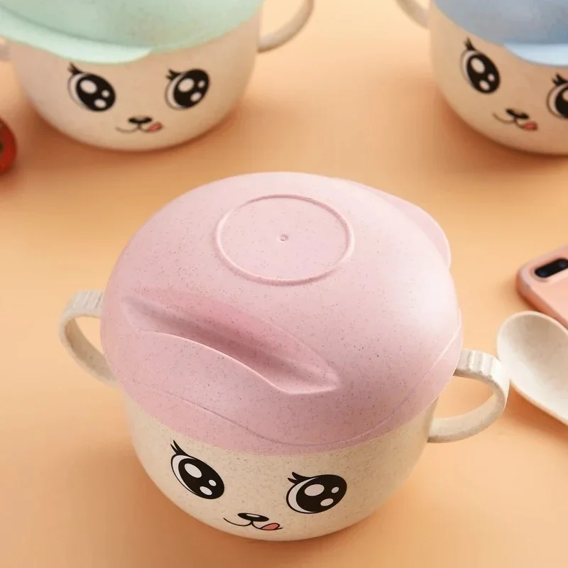 2Pcs/Set Baby Feeding Food Tableware Wheat Cartoon Kids Dishes Children Eating Dinnerware Set Anti-hot Plate Training Bowl+spoon