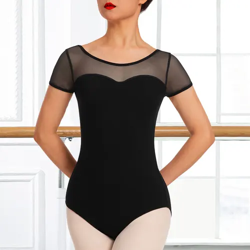 Imagen 2 del producto Leotardo de Ballet de malla elástica duradera de manga corta para mujer, escote corazón, ropa de Ballet con forro frontal suave en el pecho