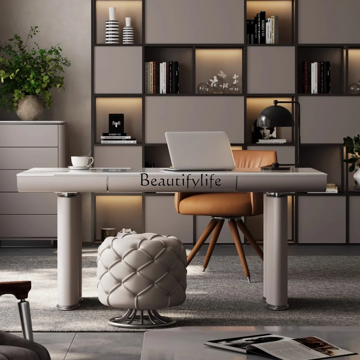 

02 Italian light luxury study desk advanced modern minimalist desk