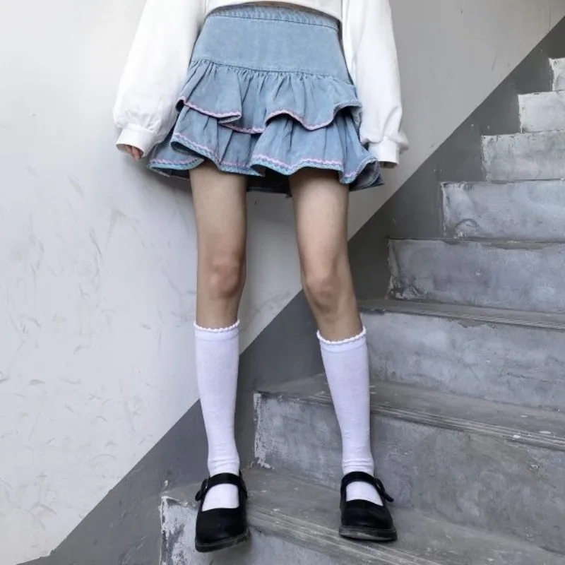 

Japanese Sweet Lolita Style Mini Skirts Women Harajuku Cute Preppy Jk Denim Skirt Girls Sexy Punk High Waist Tiered Skirt New