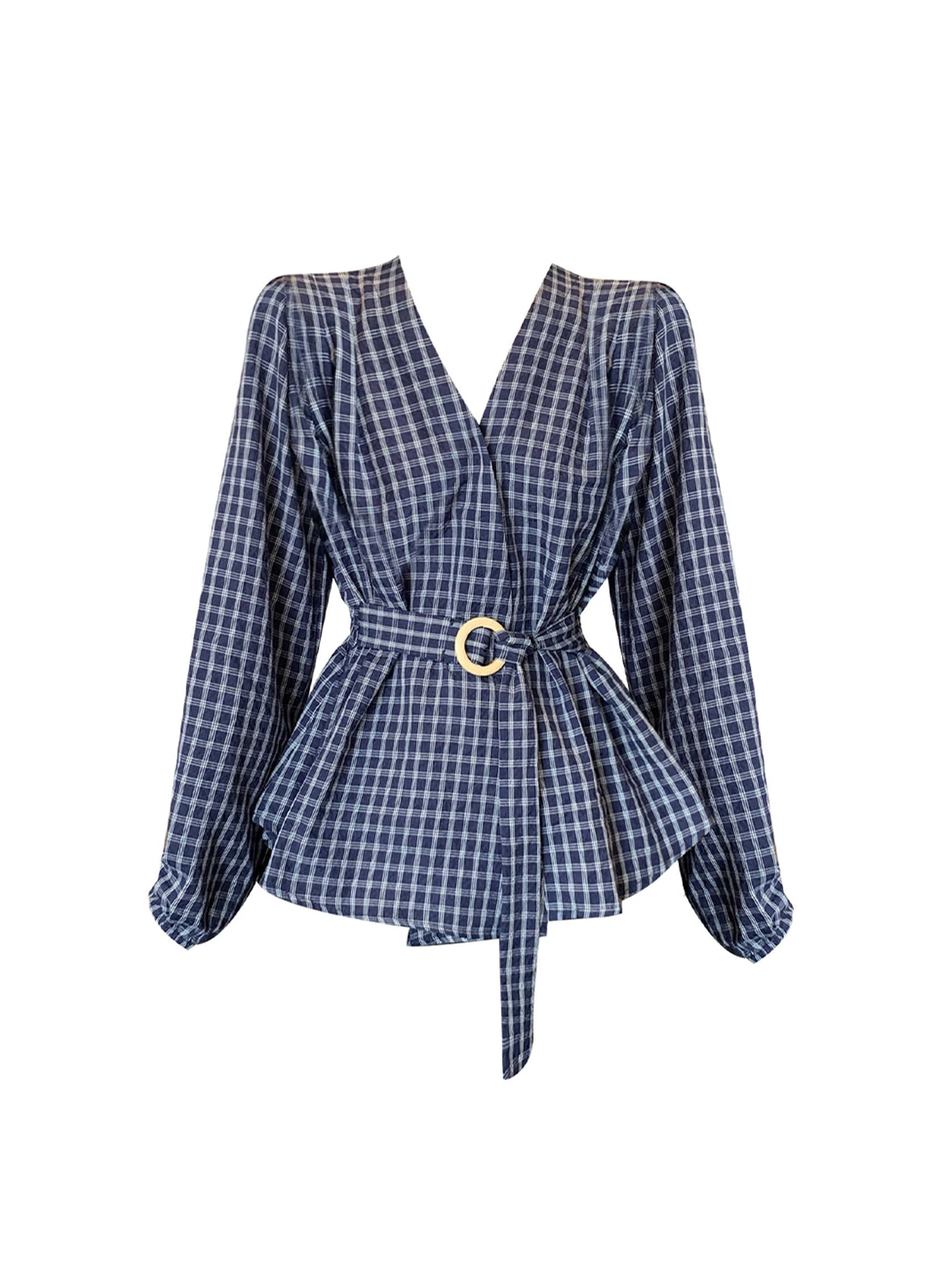 

Женские темно-синие клетчатые рубашки и блузки 90-х годов Винтаж Y2k Эстетический стиль 2000-х годов OL Стиль Рубашка с длинным рукавом и v-образным вырезом Одежда Осень 2025