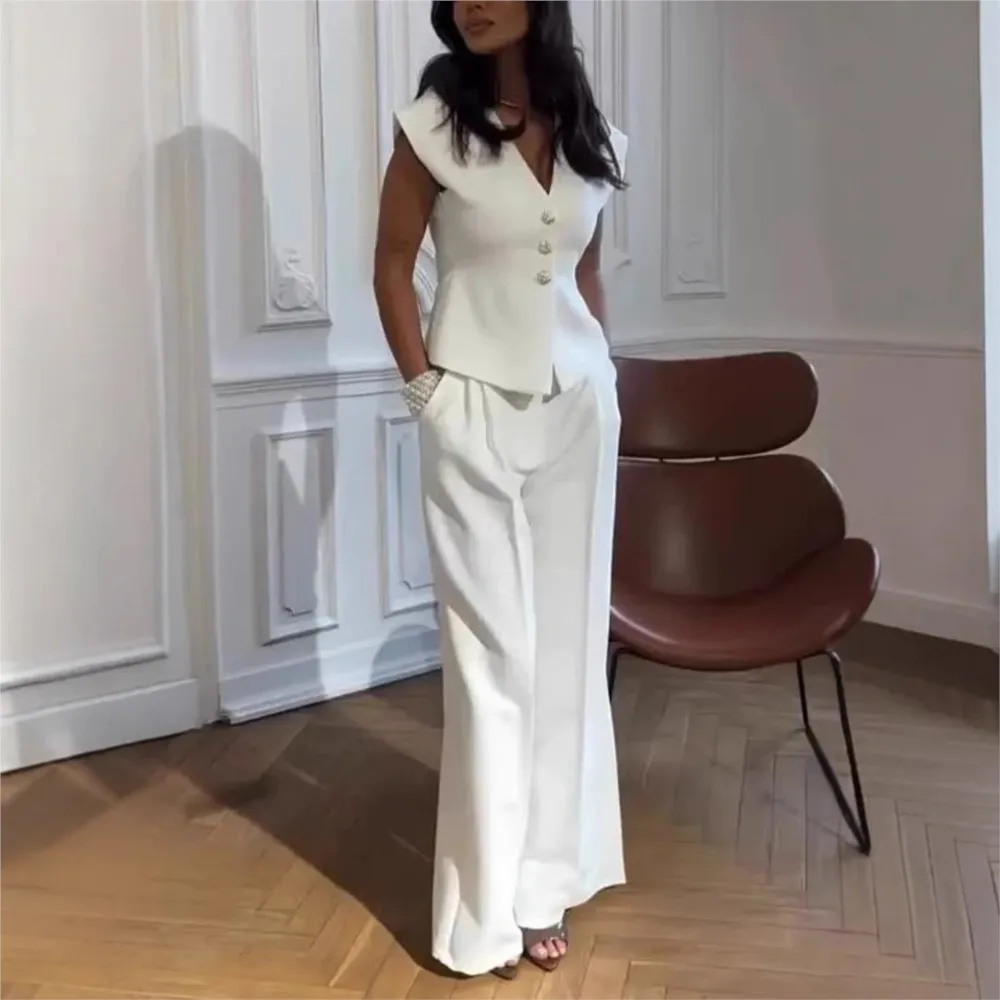 

Casual Solid Color V Neck Sleeveless Shirt Top + Trousers 2-piece Fashion Slim And Elegant Wide-leg Trousers Women's Office Set