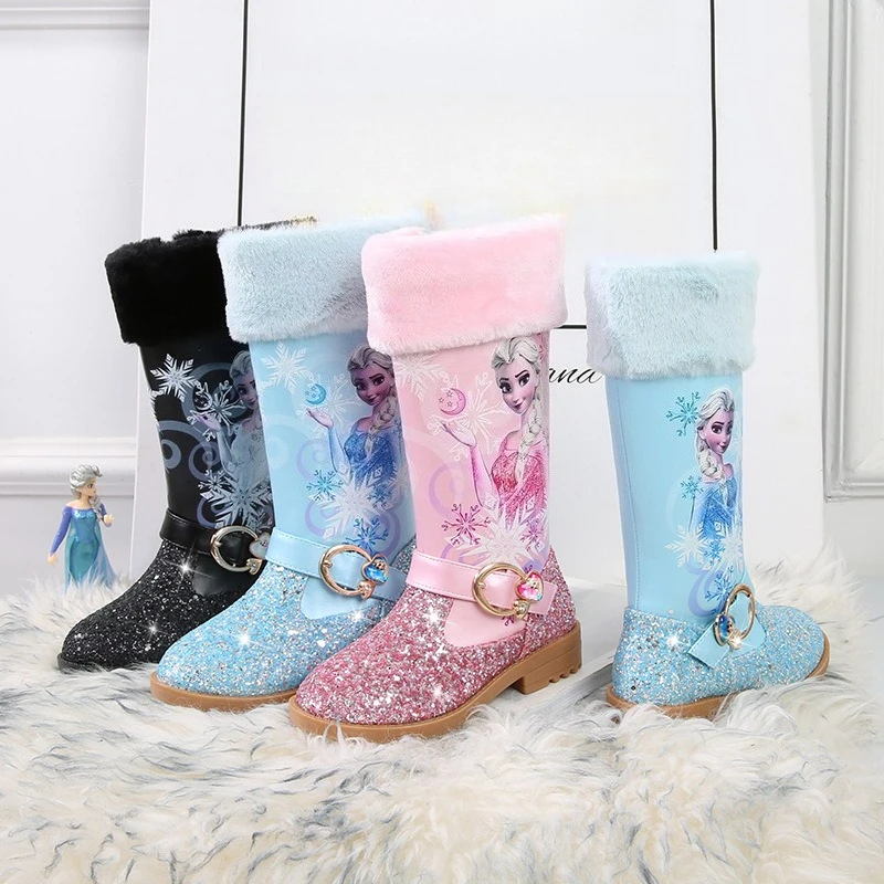 أحذية الشتاء للفتيات من إلسا، أحذية الثلوج القطيفة المجمدة للأطفال، أحذية الأميرة الدافئة