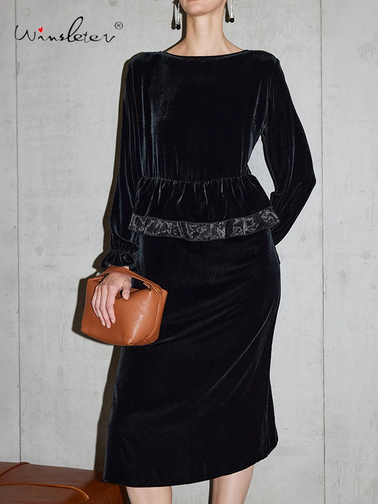 

Winsleter-Bottom 100%Real Silk Elegant Velvet Dress, O Neck Ruffles Patchwork, Women Party Chic Dresses, 2026 Spring D61811CC