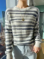 Women's O-neck Striped Pullover Sweater Autumn Winter 100% Merino Wool High Quality Soft Warm Knitwear Korean Popular Clothes