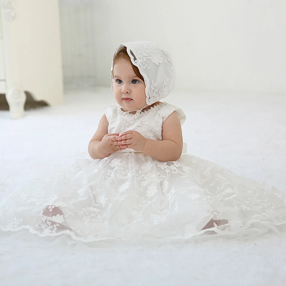 Longo vestido de batismo branco com renda tatuada, gorro, sem mangas, vestidos de casamento do bebê, primeiro aniversário