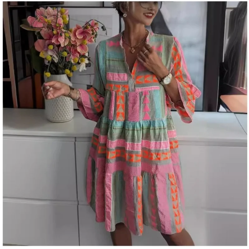 New Women's Sexy V-neck Ruffled Bohemian Mini Dress Spring Vintage Print A-line Holiday Casual Autumn 3/4 Flared Sleeves Dresses