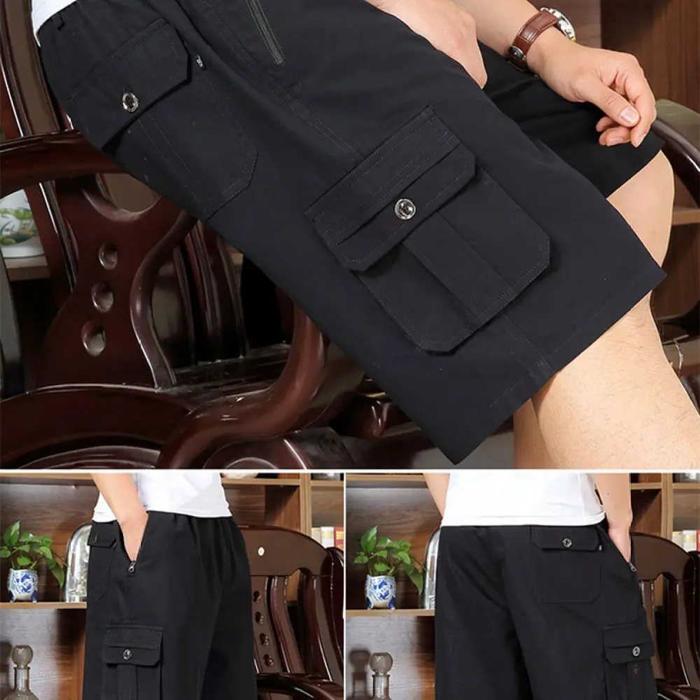 Summer Mens Pure Cotton Cargo Shorts Loose Fit High Waist Straight Breathable Comfortable Casual Plus Size Elderly Dad Trousers