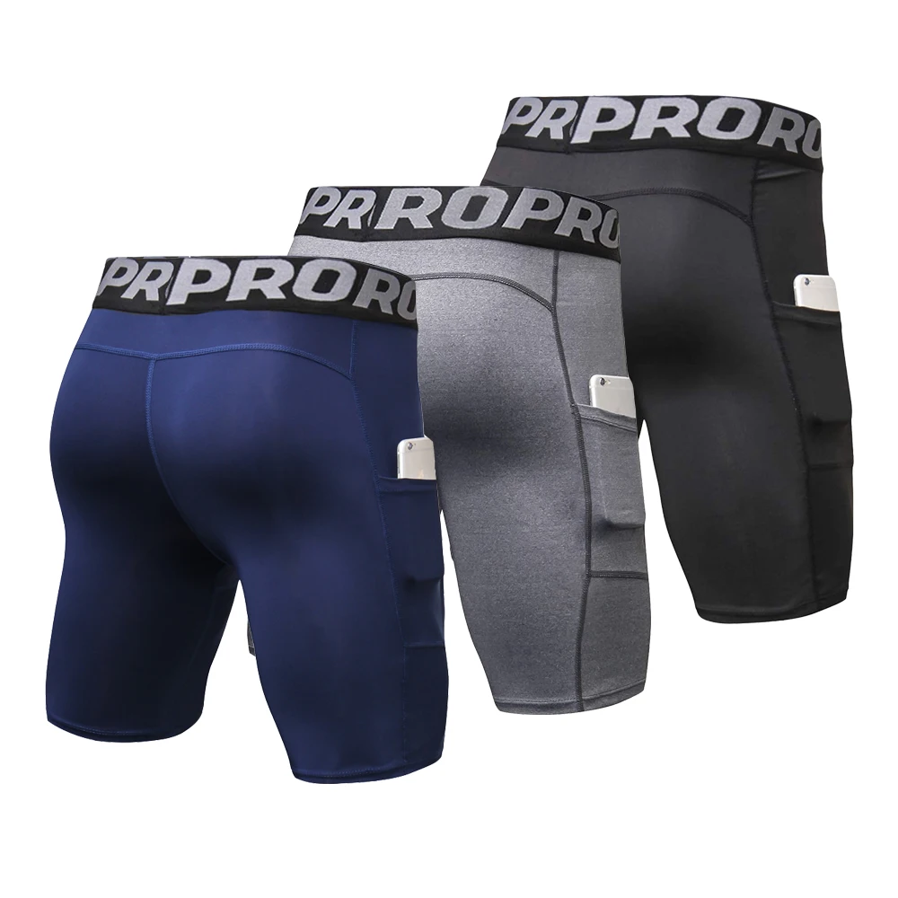 Men's Sports Compression Shorts with Pockets Gym Workout Polyester Boxer Briefs Running Basketball Bike Athletic Short