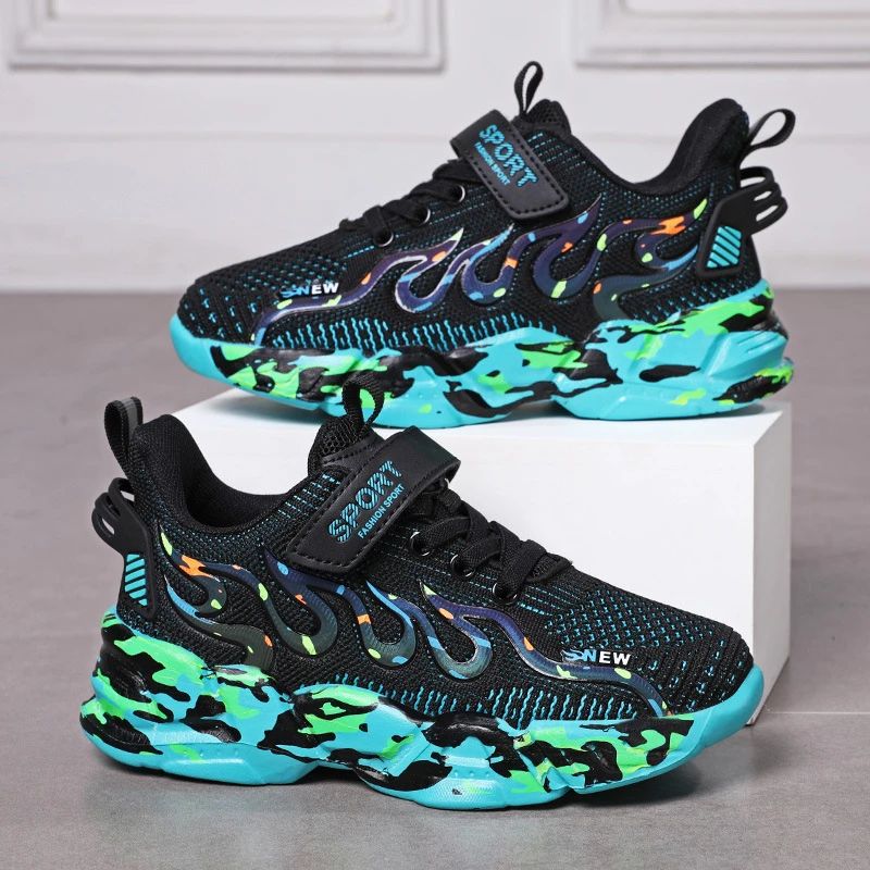 Autumn Winter New Sneakers For Middle And Big Boys Breathable Mesh Upper Kids Sports Shoes With Rotary Button Lightweight Daily