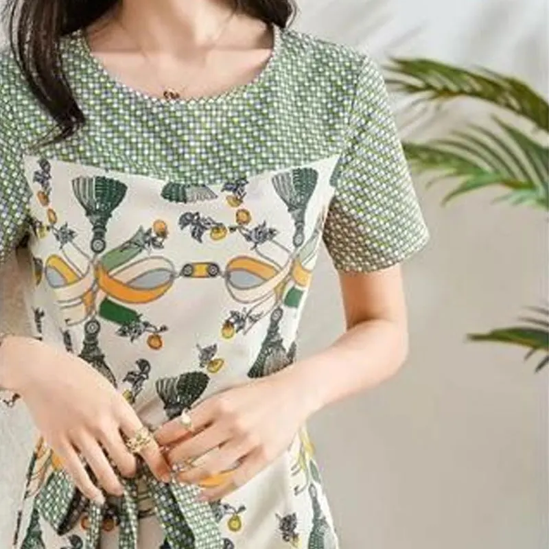 

Fake Two Pieces Patchwork Midi Dress Summer Stylish Contrasting Colors Printed Female Clothing A-Line Bandage Waist Bow Dresses