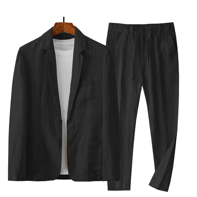 طقم بدلة رجالية من الكتان الطبيعي من Fengbaoyu - قطعتين - ربيع وخريف كاجوال فضفاض مقاس كبير نمط مريح وأنيق