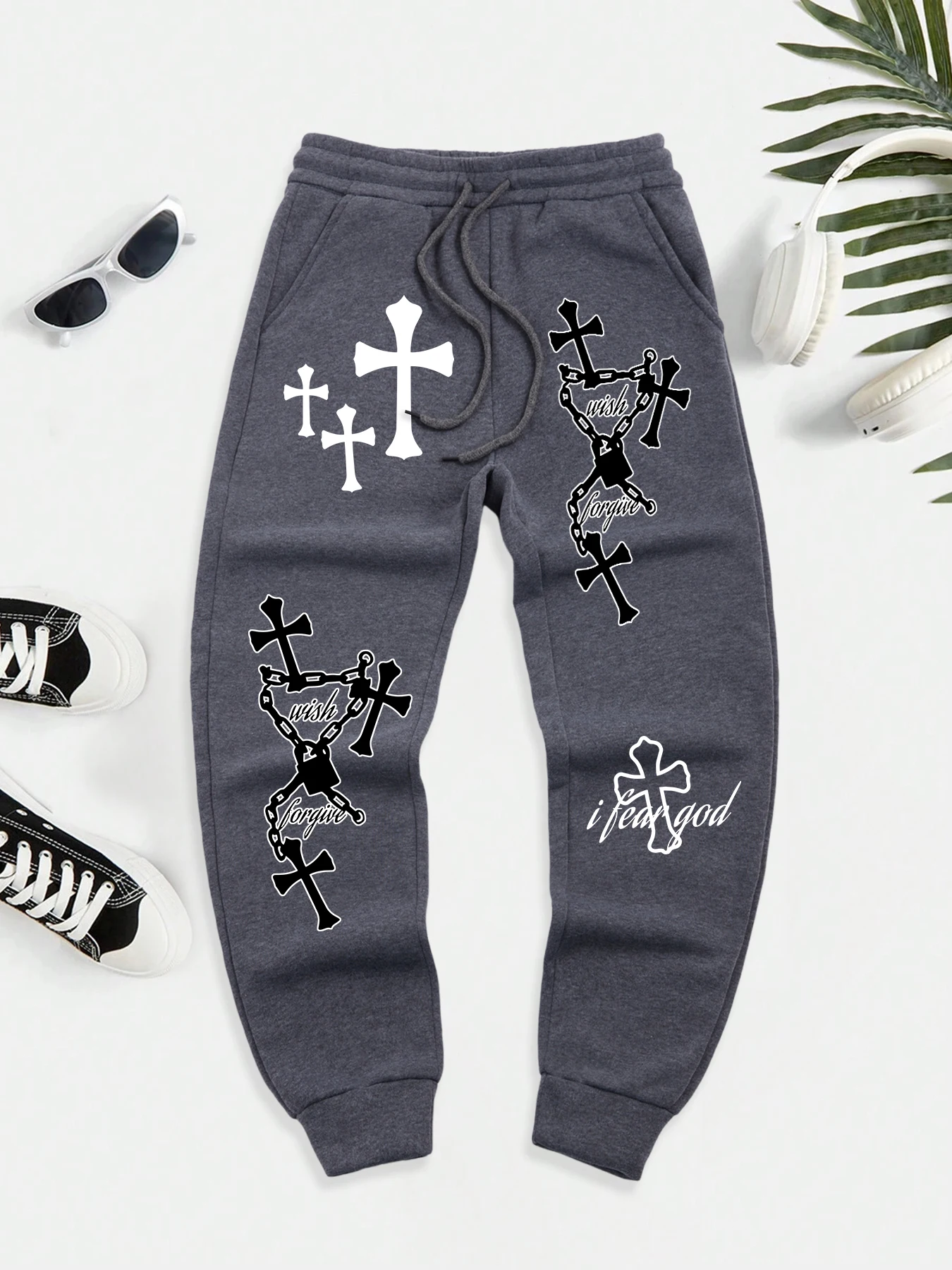 

Cross Wish Or Forgive Print Mens Pocket Trousers Hip Hop Warm Sportpants Versatile Autumn Sweatpants High Street Basic Britches