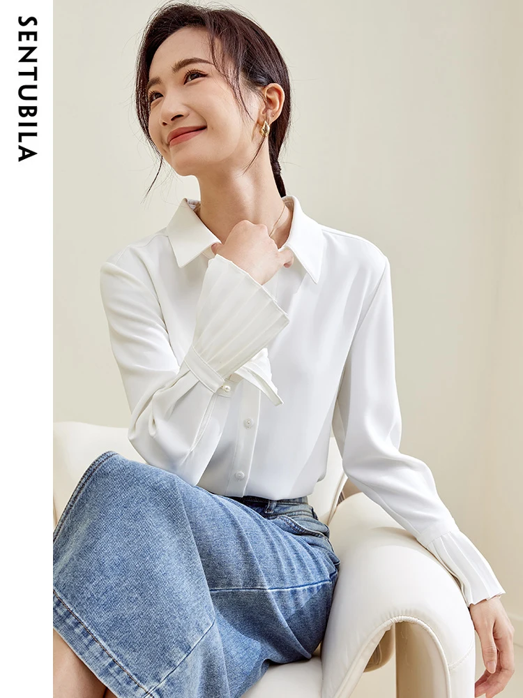 

SENTUBILA White Button Up Flare Sleeve Shirt Women 2024 Autumn Office Ladies Casual Long Sleeve Shirts & Blouses Top 133C50498