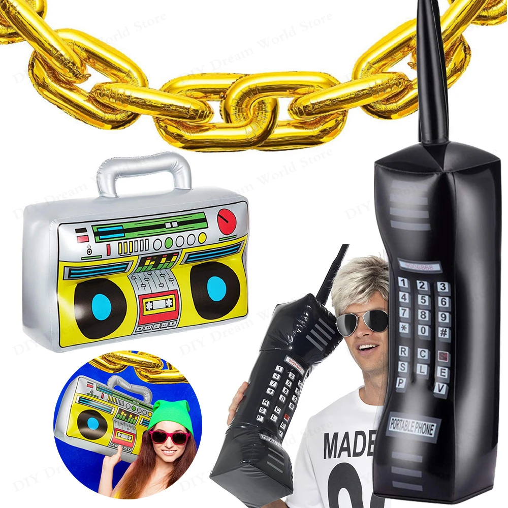 Radio inflable Boombox, cadenas doradas para teléfono móvil, decoraciones para fiestas temáticas Retro de los años 80 y 90, accesorios para fiesta de cumpleaños con tema de Hip Hop y discoteca