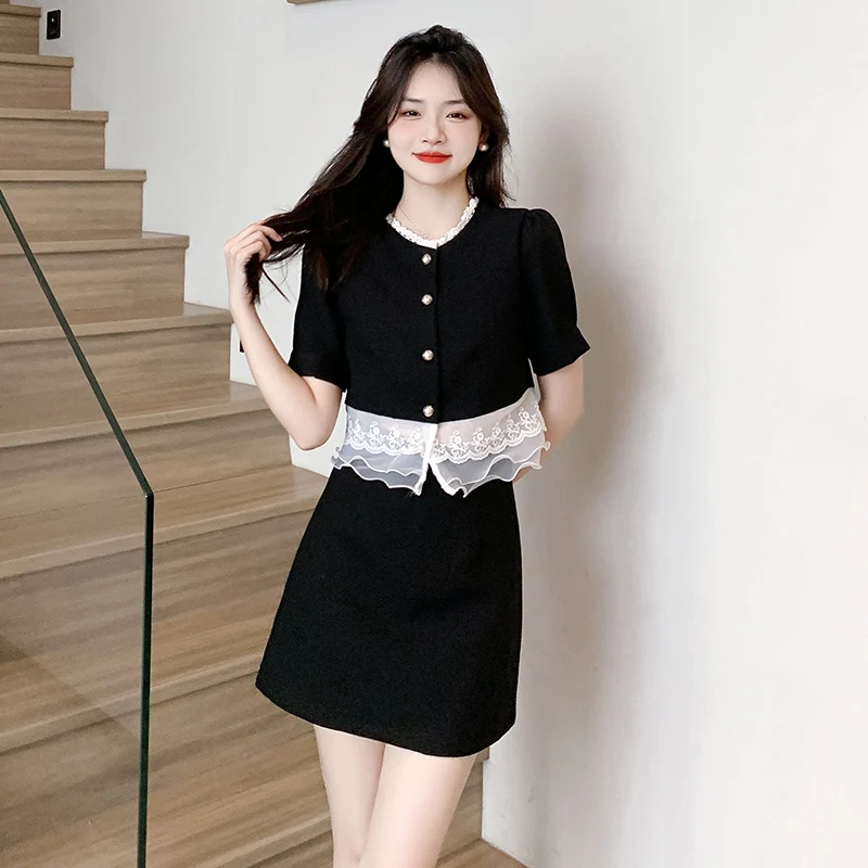 

2025 Осенний женский кардиган с круглым вырезом и коротким рукавом + мини-юбка с высокой талией, корейские модные юбки, элегантный офисный женский комплект из 2 предметов