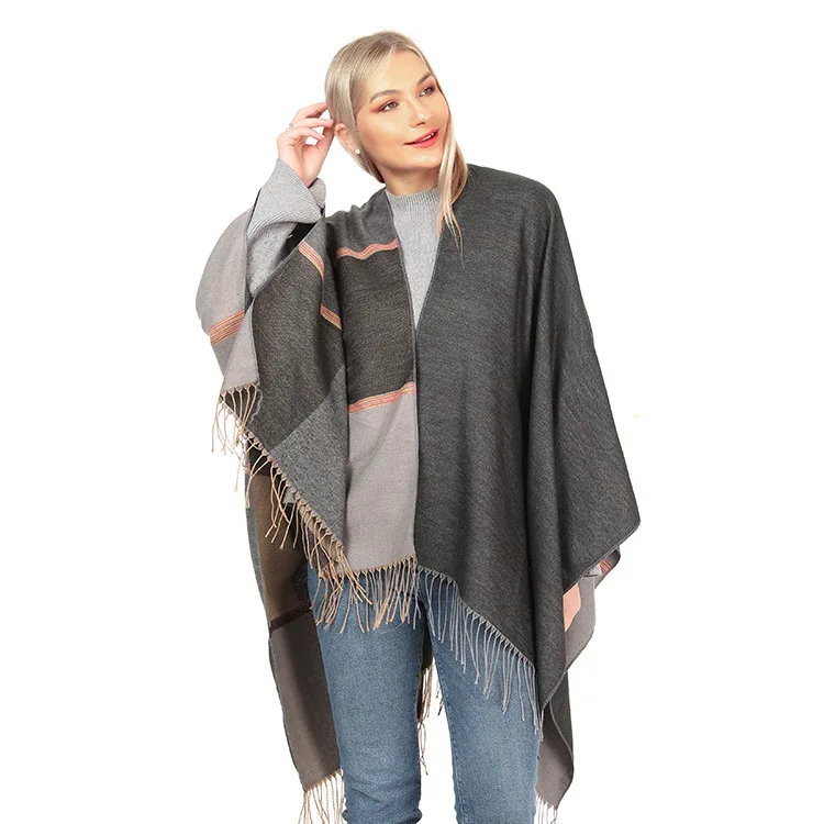 

Autumn Winter Tassel Plaid Knitted Cloak Travel Knitting Imitation Cashmere Poncho Lady Capes Gray Cloaks