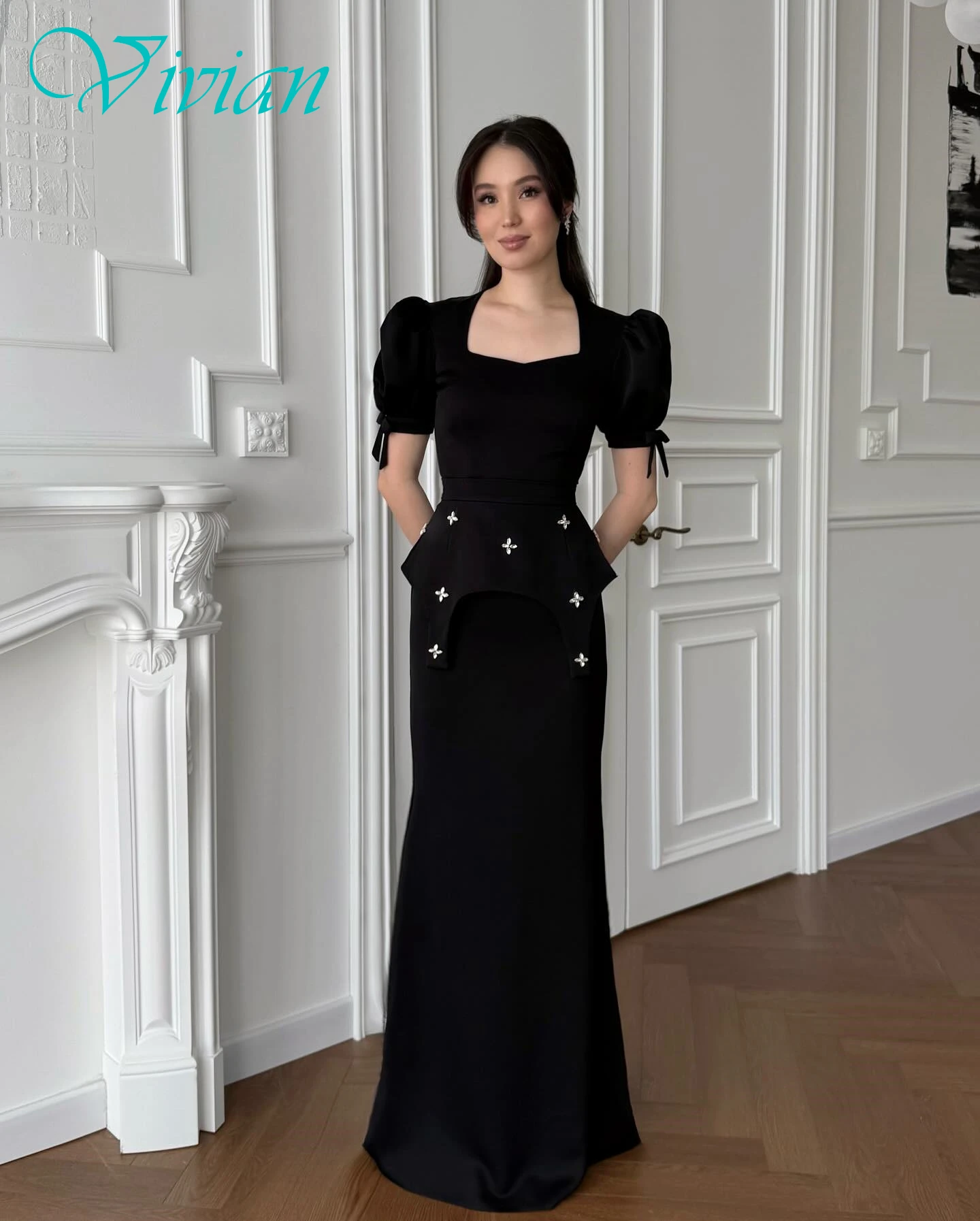 

Customized Straight Square Collar Short Sleeves Elegant Graceful Evening Dress Delicate Bespoke Occasion Gowns Modern Prom Dress