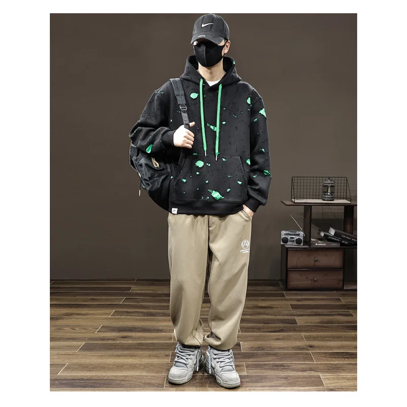 Broken hole hoodie men's 2024 autumn and winter new high-end trendy fashion design loose oversized casual loose hooded shirt