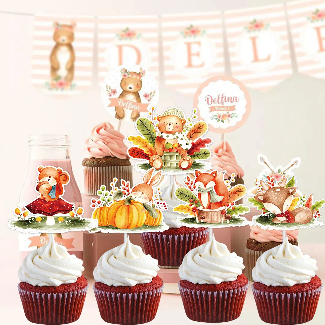 20 Stück Wald Tier Kuchen Topper Karton Kaninchen Bär Papier Topper für Kinder Wald alles Gute zum Geburtstag Party DIY Kuchen Dekorationen