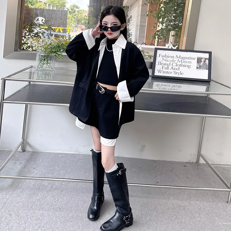 teen girl design suit set child casual vacation clothes outfits shirt splicing jacket half body skirt pants 2pcs junior kid suit