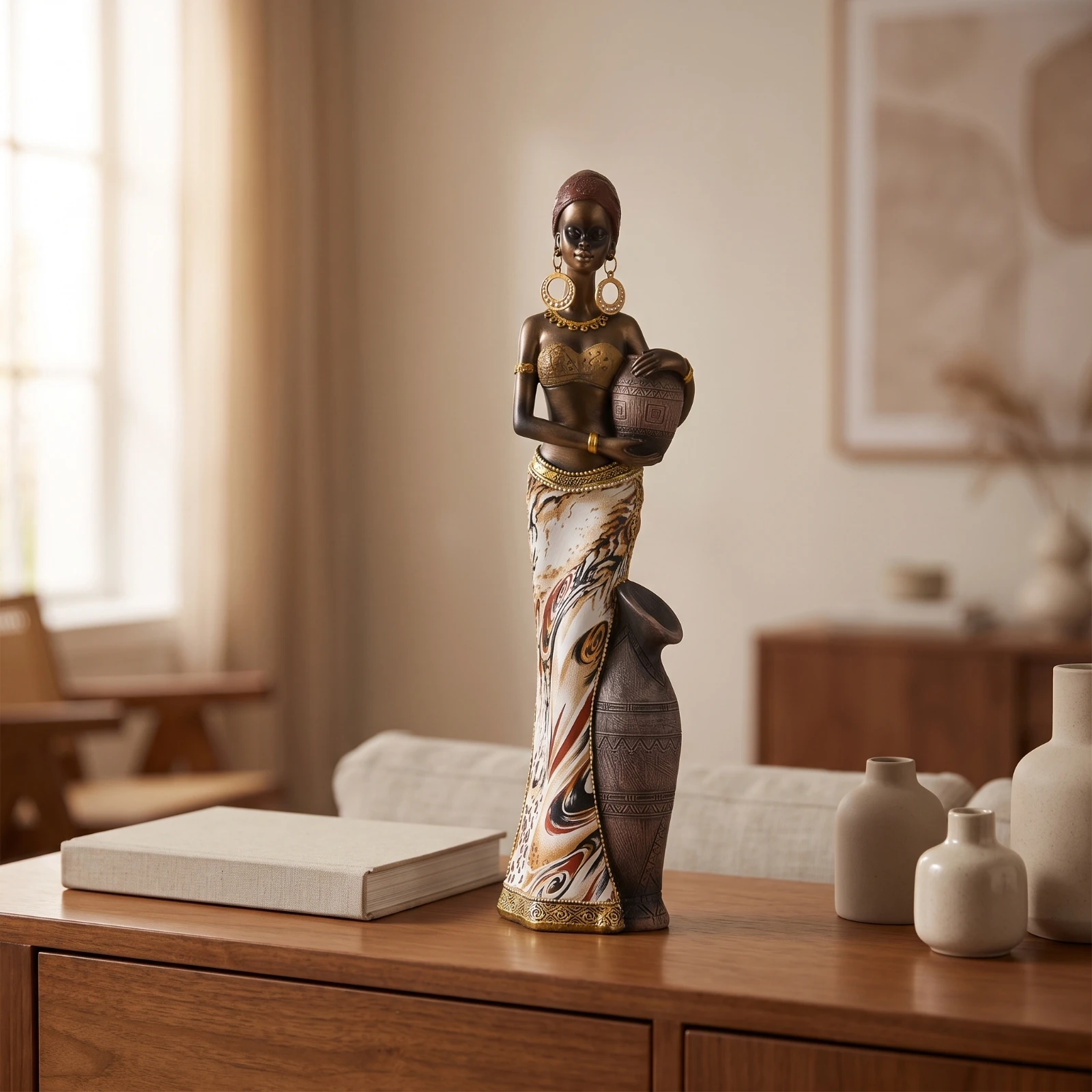 African Woman Figurine Decorative African Lady Figurine Decor Slender Artisan-Made for Home Decorators, Living Room, Entryway