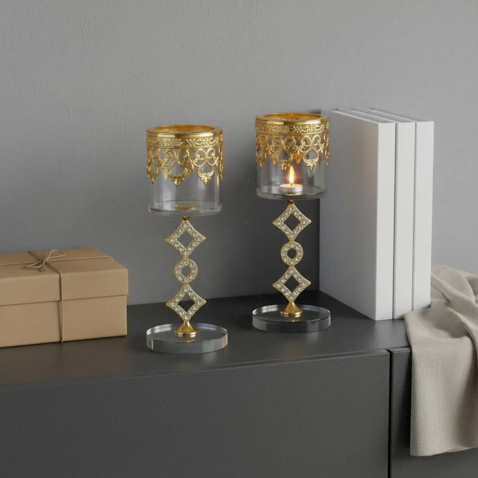 2 Pieces Crystal Metal Candle Holder Set Hollow-Carved Design Decorative Table Centerpiece for Wedding, Party view 4