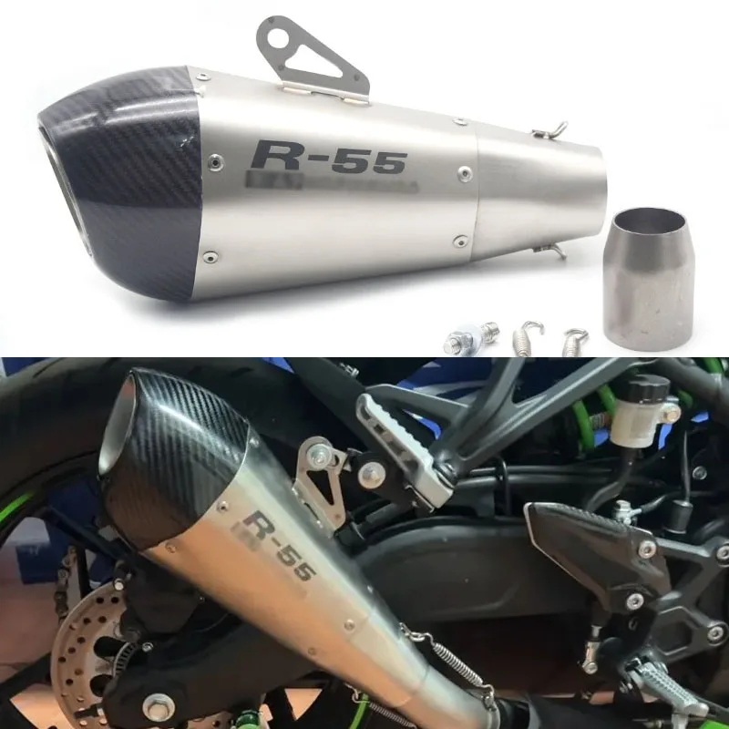 

R55 Motorcycle Exhaust Muffler Pipe Moto Tube Carbon Fiber Steel Universal Exhaust For Yamaha R3 R6 Z750 CBR600