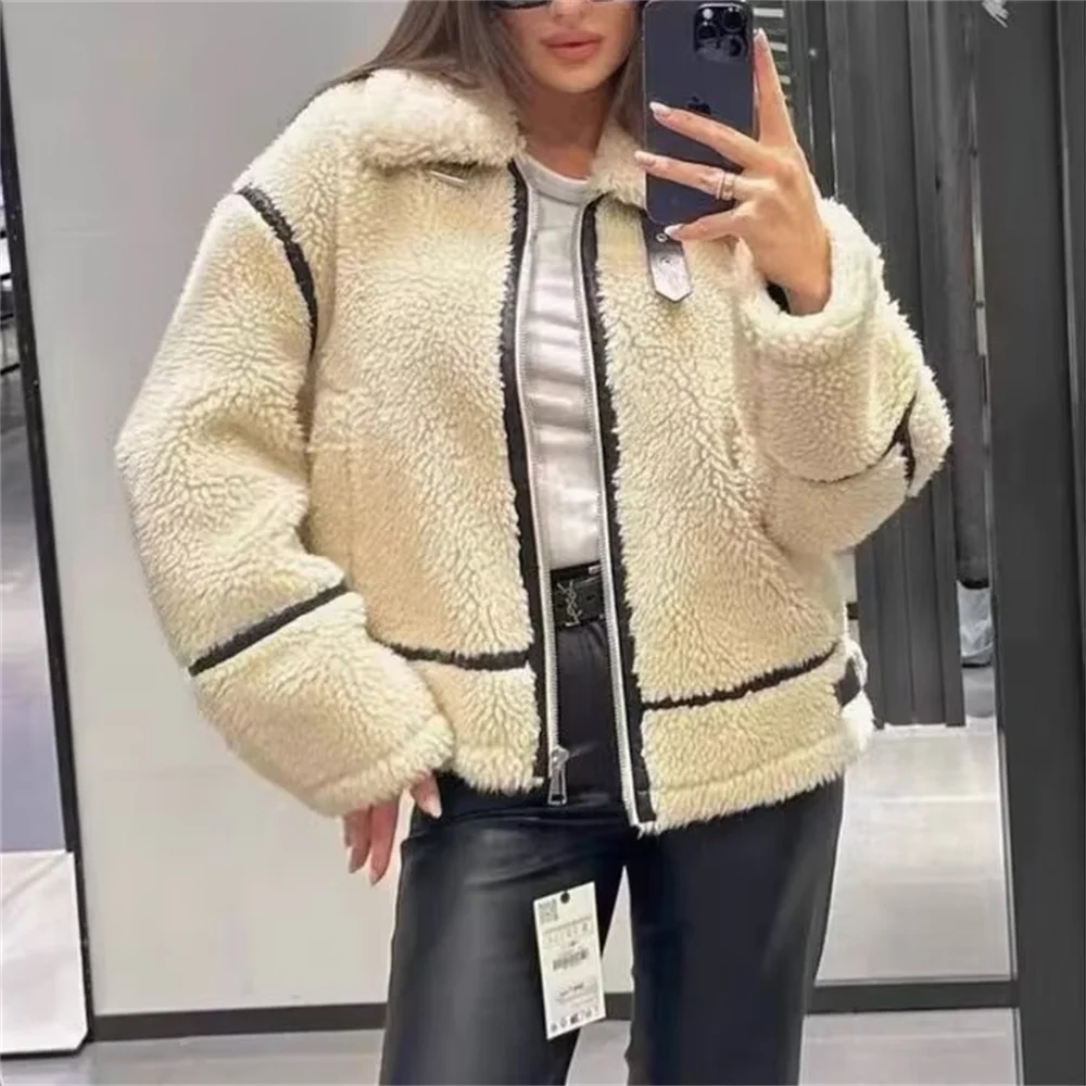 TRAF 2024 Autumn New Product Women\'s Wear Color Contrast Splicing Fleece Fur Integrated Lamb Fleece and Velvet Coat