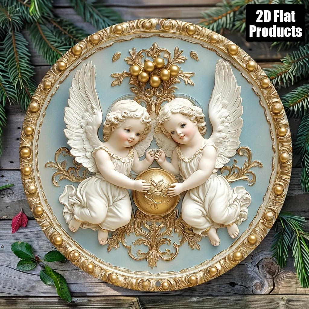 White Cherub Angel Golden Ornament Pattern Antique Living Room Decor 2D 7.87x7.87 Inch Metal Tin Sign / Iron Plaque
