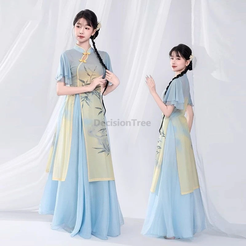 

2025 retro printed improved chinese qipao set calssical dancing cheongsam outfit fairy temperament daily dance practice outfit