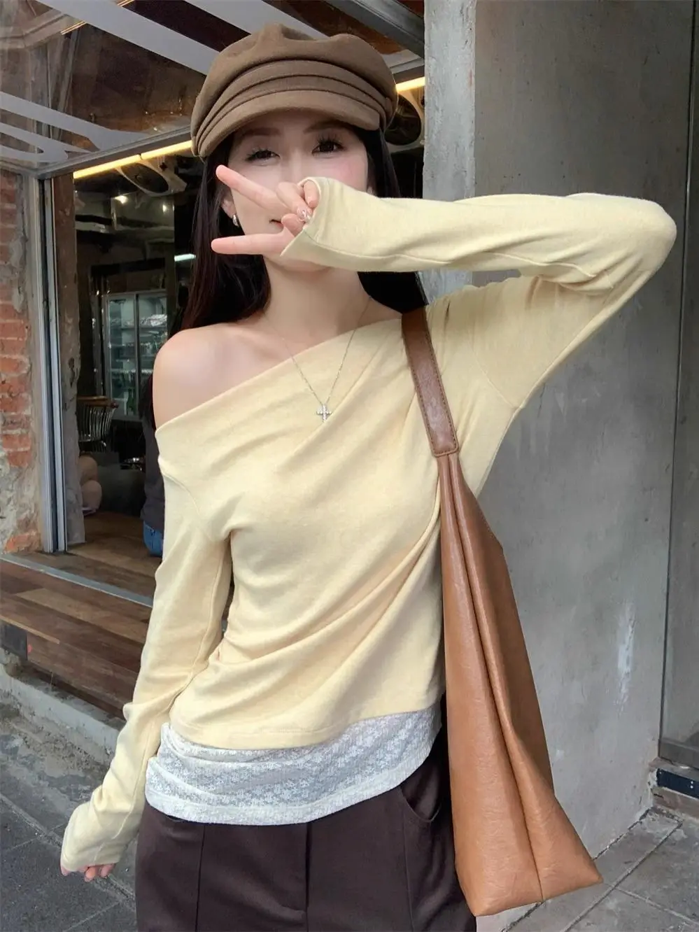 

Women's Slash-Neck Tops, Patchwork Lace Tees, Streetwear 2025,Woman Spring Autumn Long Sleeve T-shirt