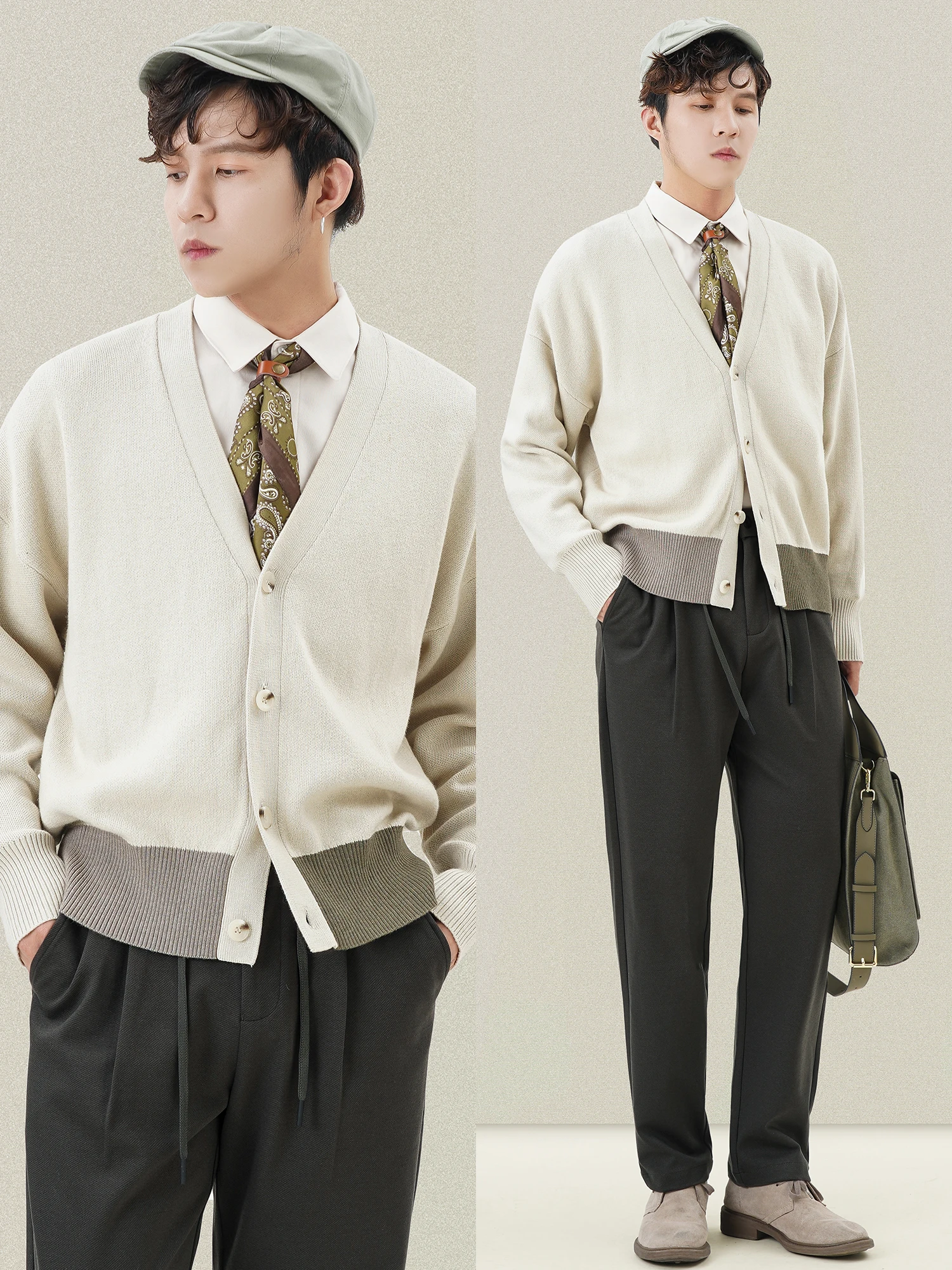 Cashmere Knitted V-Neck Long Sleeve Cardigan Lightweight Casual Style Splicing Design Men's Sweater Outerwear for Autumn Winter