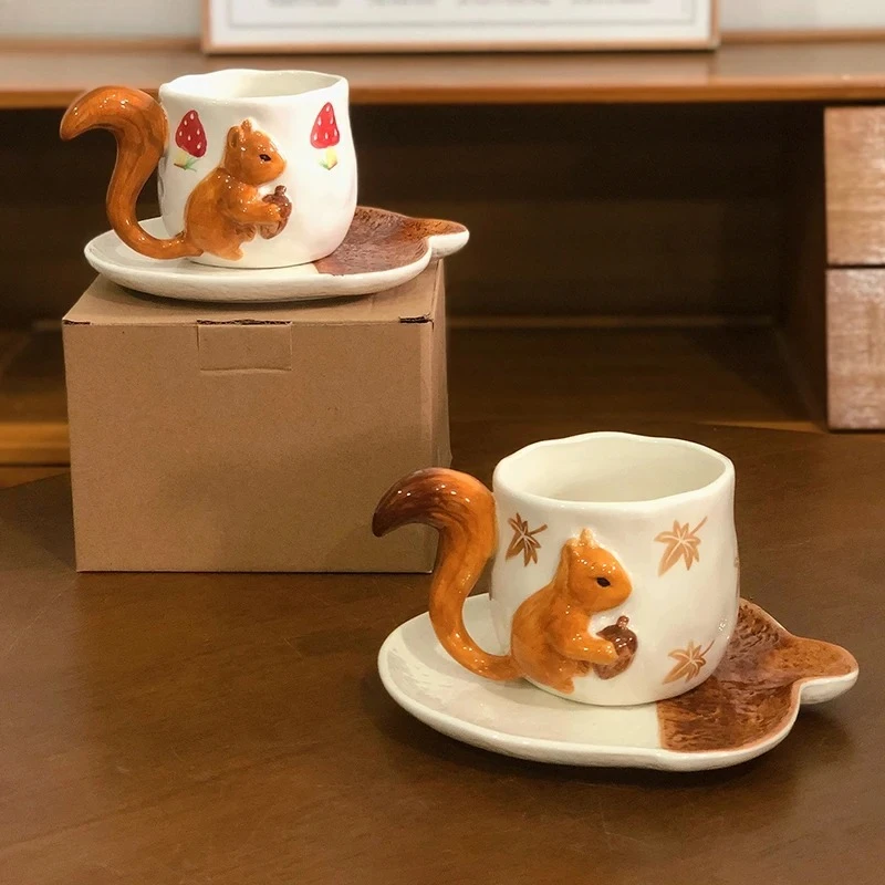 

Afternoon Tea Teacup Fruits Juice Cup Lovely Squirrel Relief Porcelain Cup&saucer Creative Coffee Mug Dining Table Flower Mugs