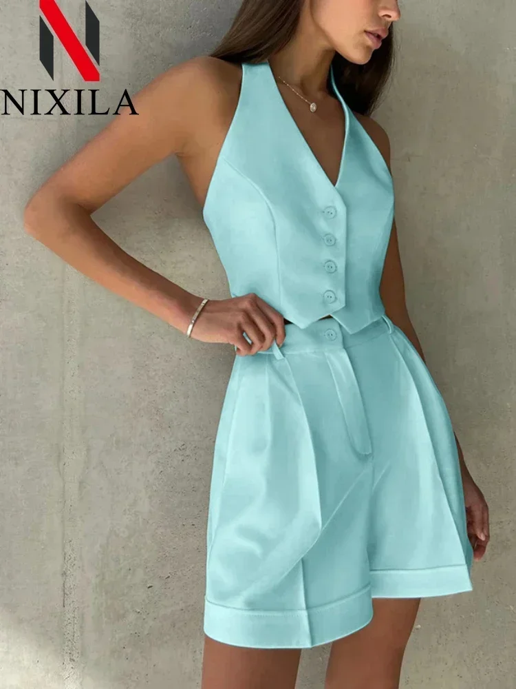 

New in Summer Open-back Vest Shorts 2 Piece Sets Womens Outfits Elegant Sleeveless Minimalist Fashion Women's Top and Bottom Set