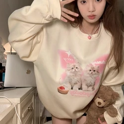 Chic Sweet O-neck Printed Hoodie Women Aesthetic Cartoon Kawaii Clothes Loose Casual Long Sleeve Y2K Top Harajuku Sweatshirts