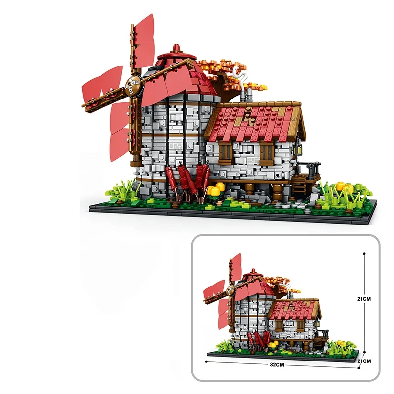 2296PCS Windmill Tree House Mill Street View Building Blocks Medieval European Town Assembly Model Bricks Toys For Children Gift