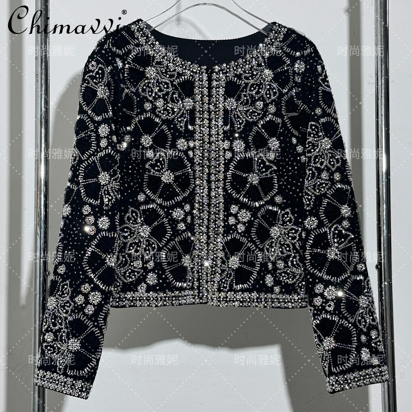 

Heavy High-End Palace Style 3D Tailoring Beaded Sequin Pearl Cardigan Jacket 2025 Autumn New Fashion Long Sleeve Floral Top
