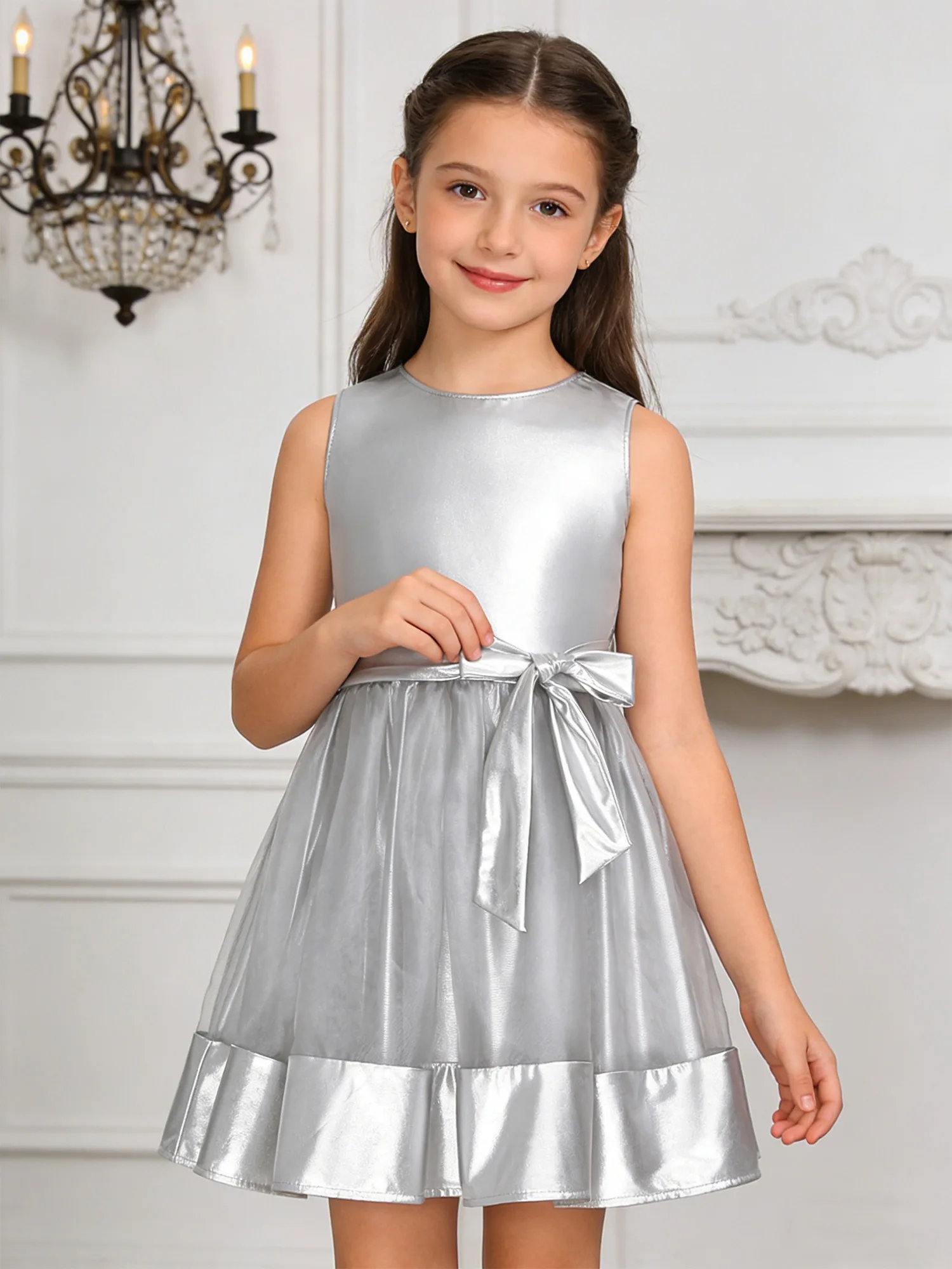 キッズメタリック光沢のあるダンスドレス女の子モダン社交衣装子供のカジュアルガールドレスファッショナブルなクリスマス宴会服