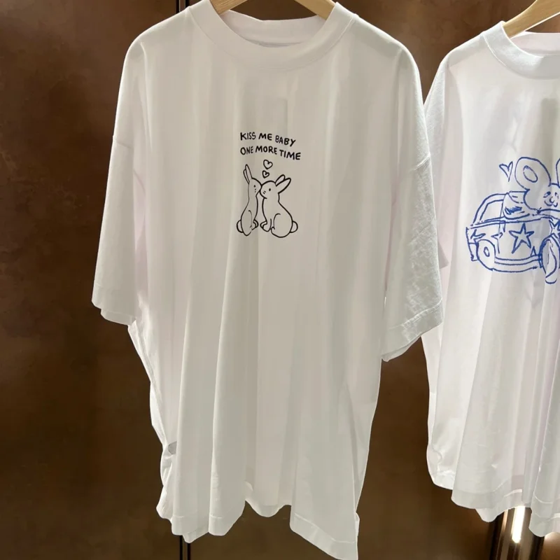 

Kiss Rabbit Cartoon Print Summer Vintage High Quality Cotton VT Tshirts Oversized Men Women Short Sleeve Casual Street Y2K Tops