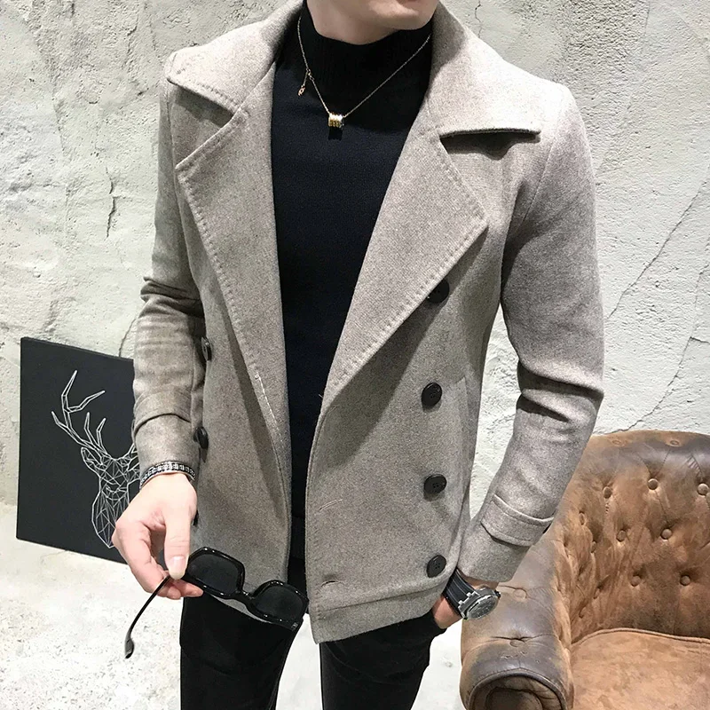 Autumn Winter Men Coat Thick Short Paragraph Solid Color Casual Woolen Coat Double-Breasted Casual Woolen Trench Coat Jacket