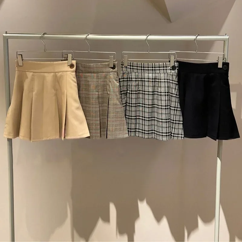 

Kuzuwata Solid Color Plaid High Waist Button A-Line Mini Skirts Early Autumn New Faldas Mujer Moda 2024 Pleated Jupe Culottes