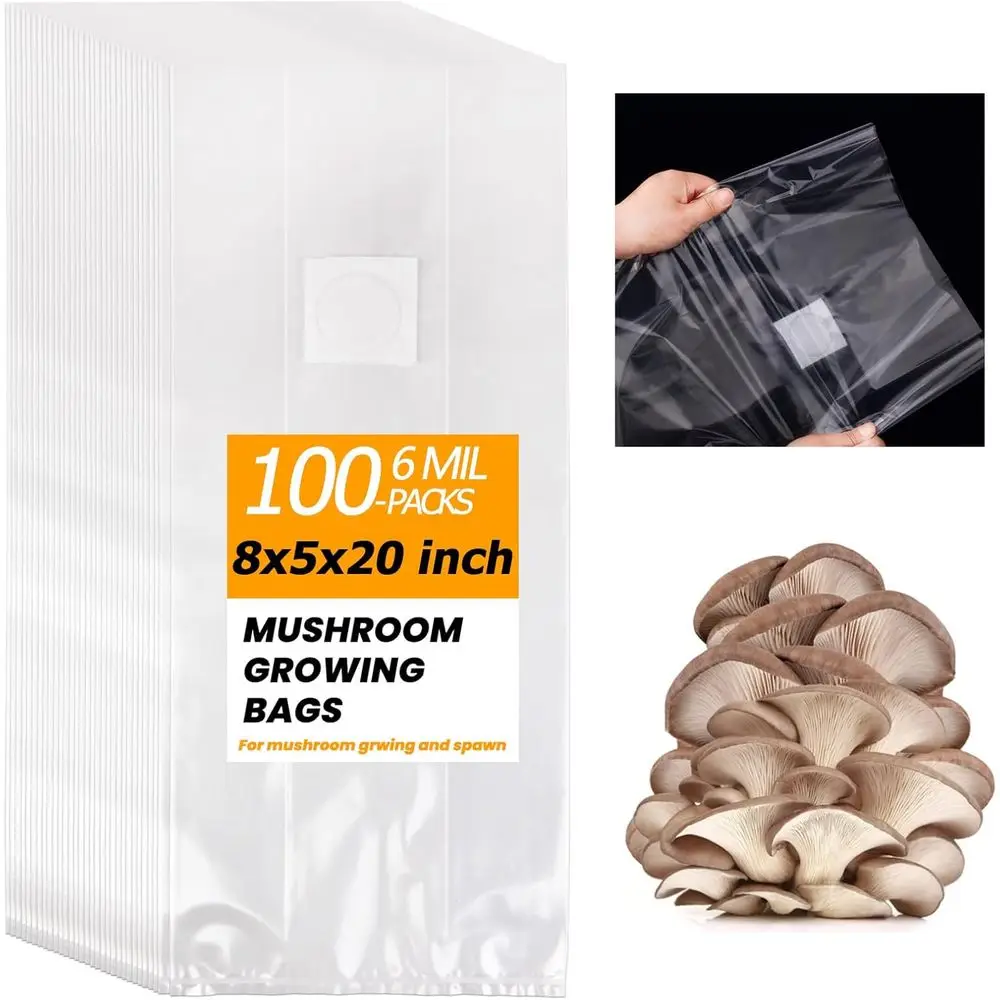 100PCS Mushroom Planting Kit - 8.5 x 20 Thickened Growing Bags, 6 Mil Thick Durable, Tear Resistant, 0.2 Micron Porosity Spawnin