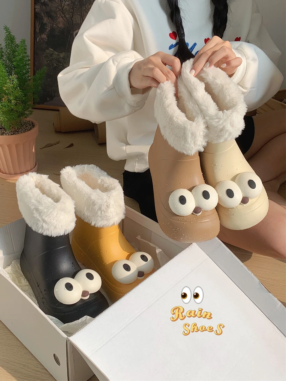 

Warm Fleece Lined Winter Snow Boots Women's Fashionable Thin Striped Waterproof Cotton Shoes Cute Big Eyes Parent-Child Boots