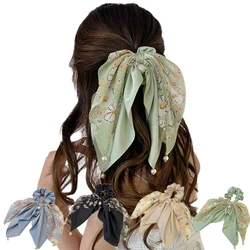 Fashion Print Bow Scrunchies Hair Ribbon For Women Elastic Hair Pearls Band Girls Horsetail Hair Ties Hair Accessories