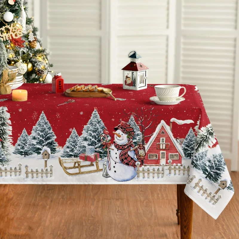 

Christmas Tablecloth, Winter Snowman House Trees Red Washable Table Cover for Party Picnic Dinner Decor